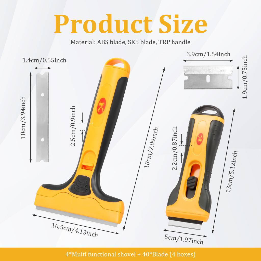 4 Pcs Cleaning Shovel Cutter Portable Paint Cleaning Knife with 40 Replacement SK5 Blade Glass Floor Tiles Scraper for Household