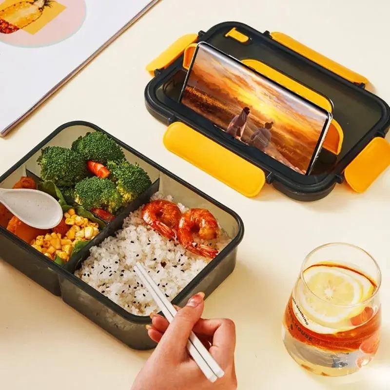 Ланч-бокс одноуровневый Supretto на 3 отсека с ложкой и палочками для еды (8382)