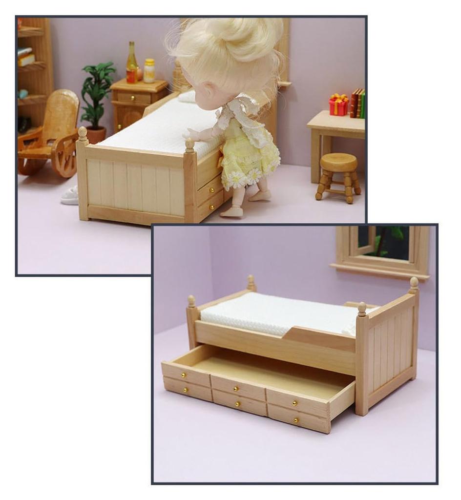 Мойн мойн Миниатюрная мебель Кукольный домик Ящик для хранения Подвижная кровать Подушка Простой Деревянный Натуральный коричневый Белый 2311mini37 1/12 112 (Футон и