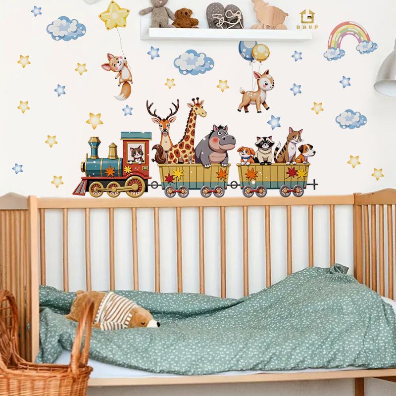 Мультяшный Животный Поезд Наклейка На Стену Съемная ПВХ Декор Стены Для Детской Комнаты Детской Спальни Домашний Декор