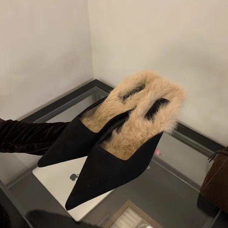 Меховые леопардовые женские тапочки с острым носком, сексуальные замшевые толстые туфли-мюли, женская зимняя трендовая обувь 2025 года, элегантное платье Zapatillas De Mujer