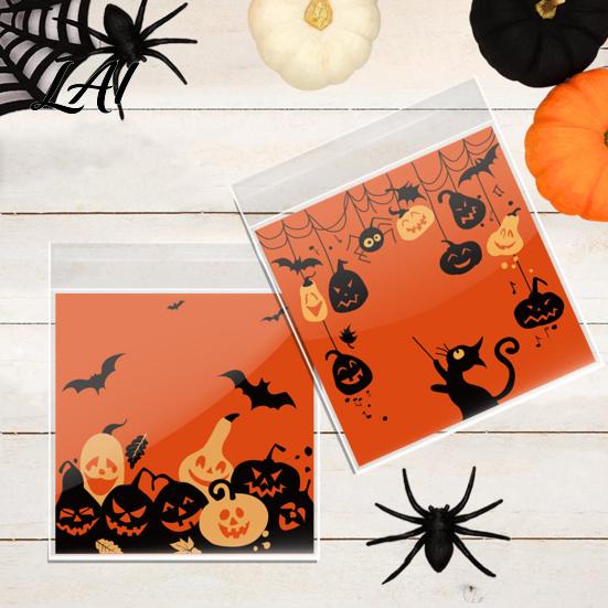 Self Adhesive Treat Bags 100 Pcs Small Halloween Bags Seal Clear Candy Dessert Snack Cookie Trick or Party Favors for Holiday Cute Cartoon Pouches