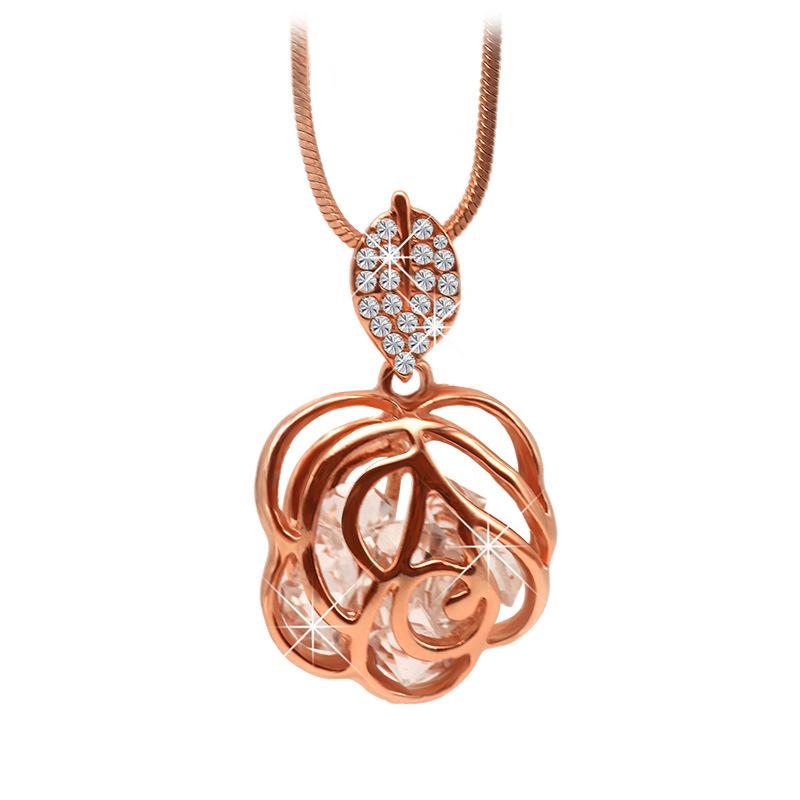 Rose Sweater Chain Long Versatile Autumn And Winter Hollow Rose Necklace Women'S Clothes Leaf Pendant