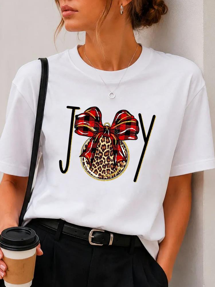 (Asian Size) plaid letter Merry Christmas Fashion Short Sleeve T-shirts Women's Top O-neck T Shirt Print Casual New Year Clothing Graphic Tee