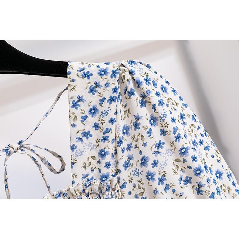 GMXIA Женская мода весна осень цветочный принт короткий длинный рукав квадратный воротник высокая талия повседневные платья