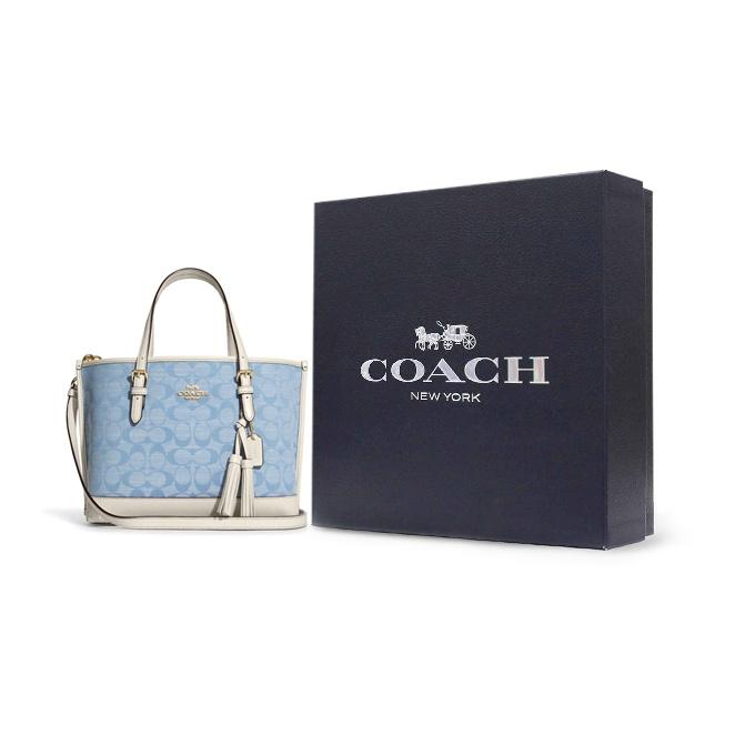 Coach Серия Mollie Классическая холщовая и кожаная сумка-тоут Сумка для покупок Ручная сумка через плечо 25 Женская сумка-тоут Синий Белый CA142-IMUDY