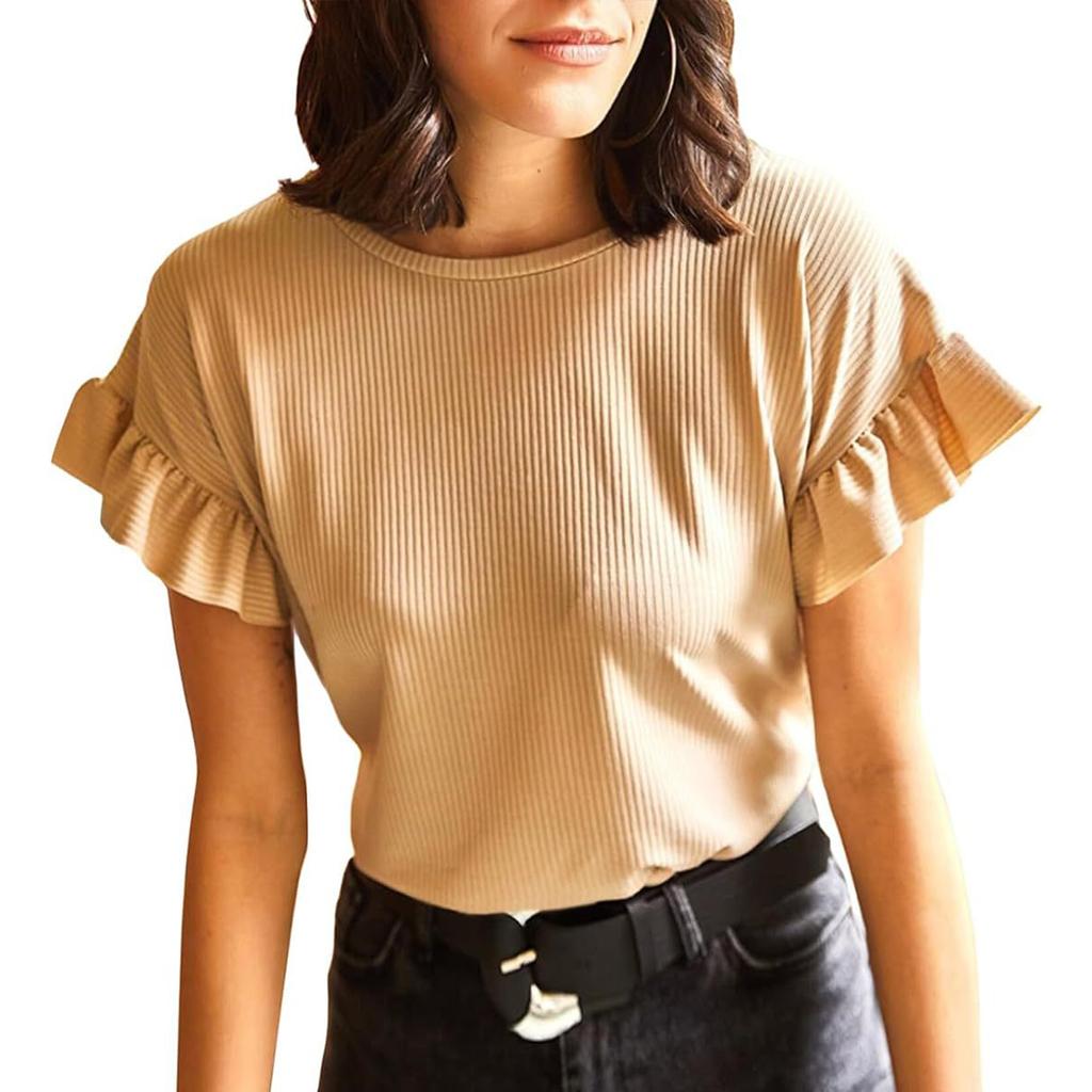 Женская футболка с коротким рукавом, повседневные базовые футболки, летние однотонные вязаные футболки свободного покроя с рюшами и круглым вырезом, блузки