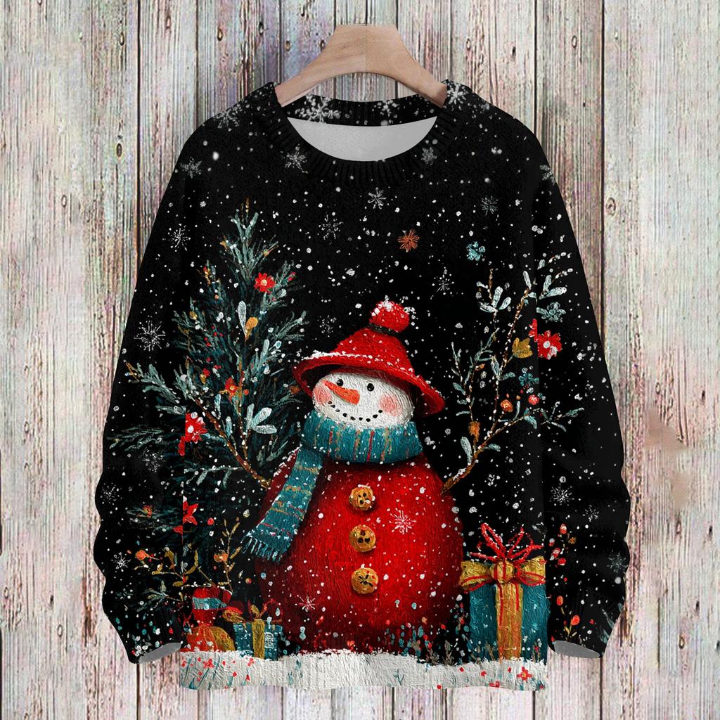 Ladies' Fashionable And Casual Christmas Cute Printed Round Neck Long Sleeved Knitted Yarn