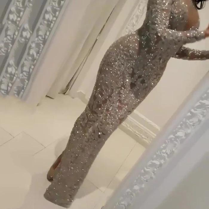 2025 весна и лето новая женская одежда бронзовое платье с длинными рукавами глубокий V облегающее сексуальное платье, вечернее платье