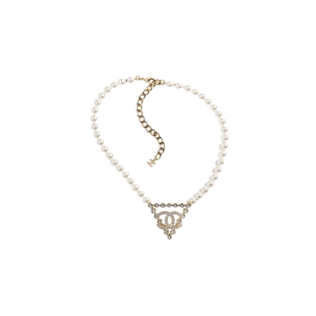 Chanel Gold Triangle Double C Rhinestone Metal Pearl Necklace Women necklace ABA532-B10512-NN117