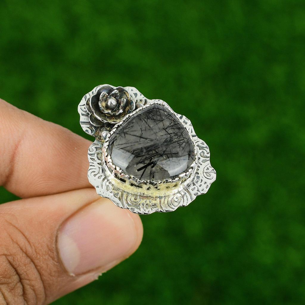 Кольцо Арт-деко из стерлингового серебра 925 пробы с черным рутиловым камнем в безеле в виде цветка, обещание сестры
