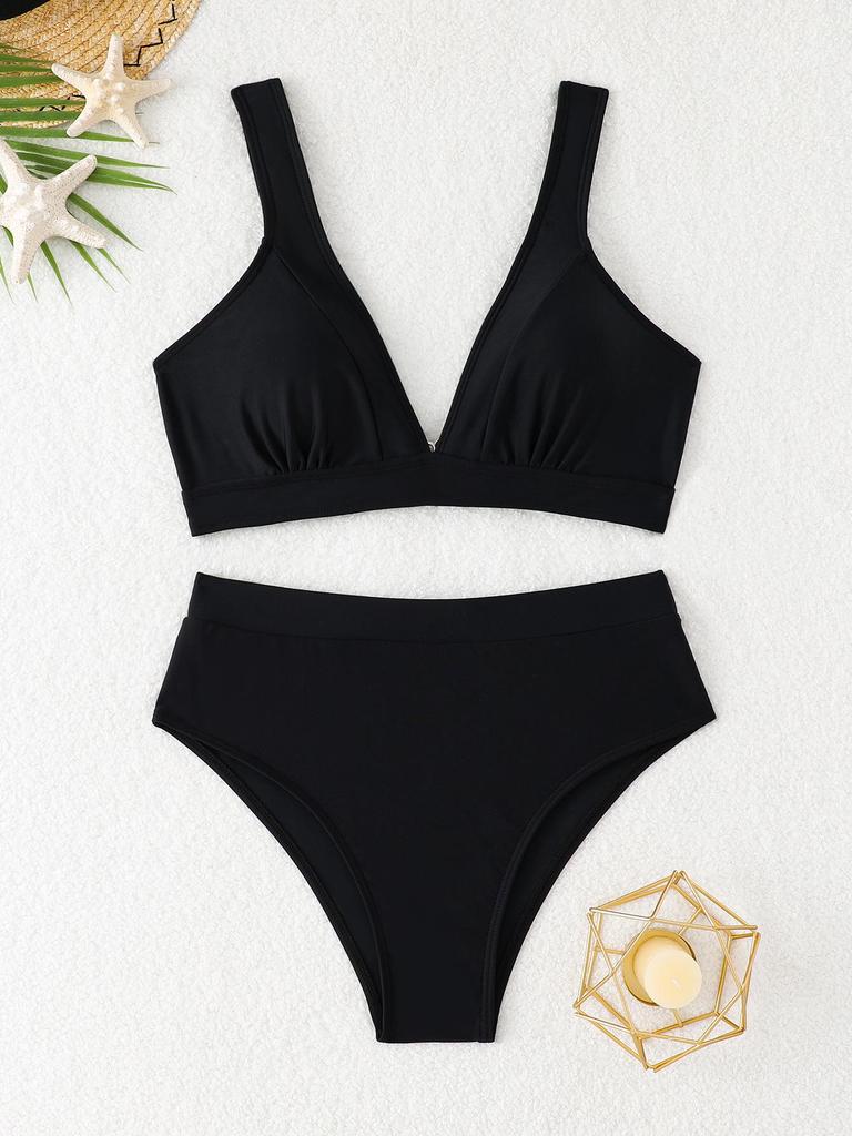Женский раздельный купальник-бикини однотонный с высокой талией