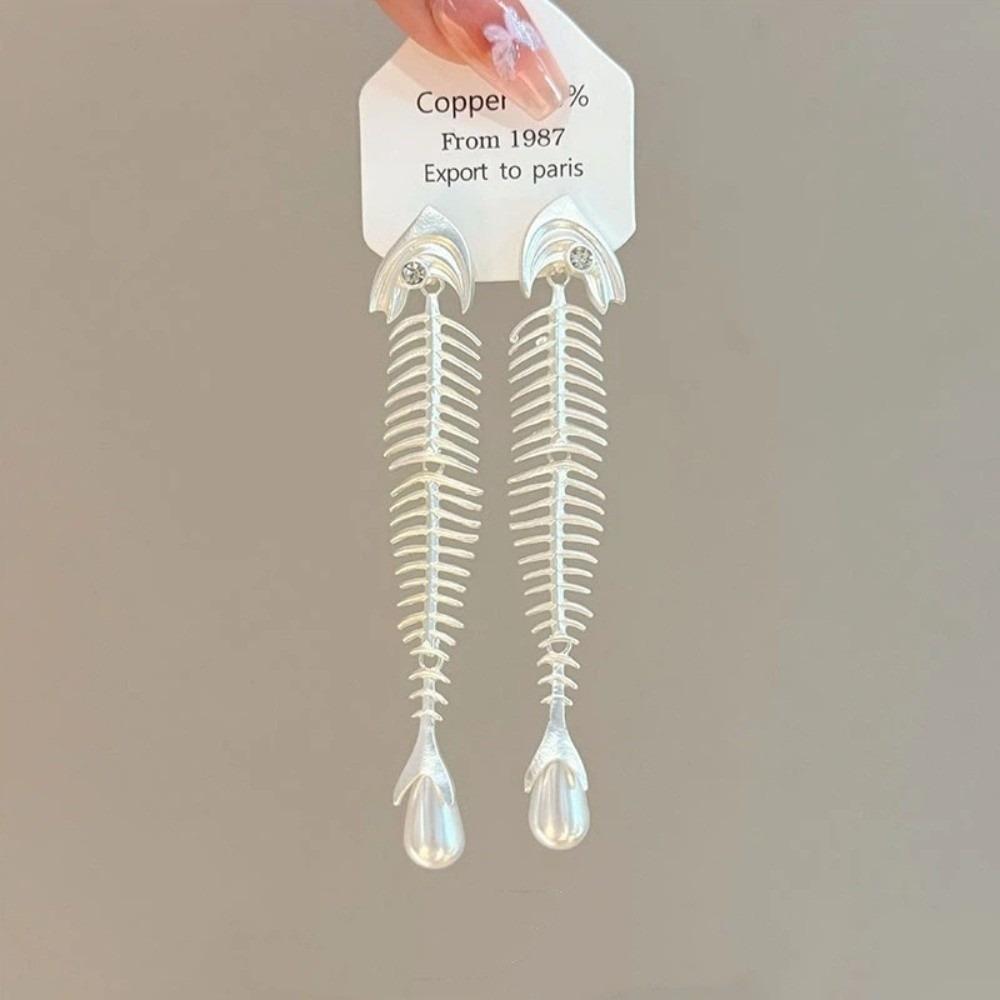 Punk Gothic Fish Bone Pearl Earrings Fishbone Shaped Drop Earrings Exaggerated Eardrop  Women