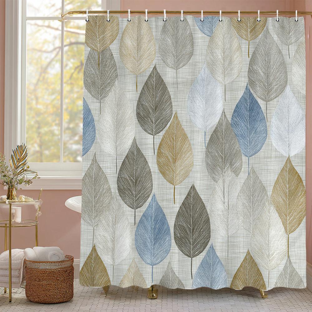 Elegant Blue Botanical Leaf Shower Curtain, Floral Plant Bathroom Decorative Shower Curtain, Waterproof Shower Curtain with Hook
