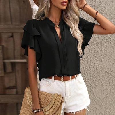 Женская летняя повседневная рубашка с v-образным вырезом и рюшами, пуловер с короткими рукавами, однотонная блузка свободного покроя, женская одежда