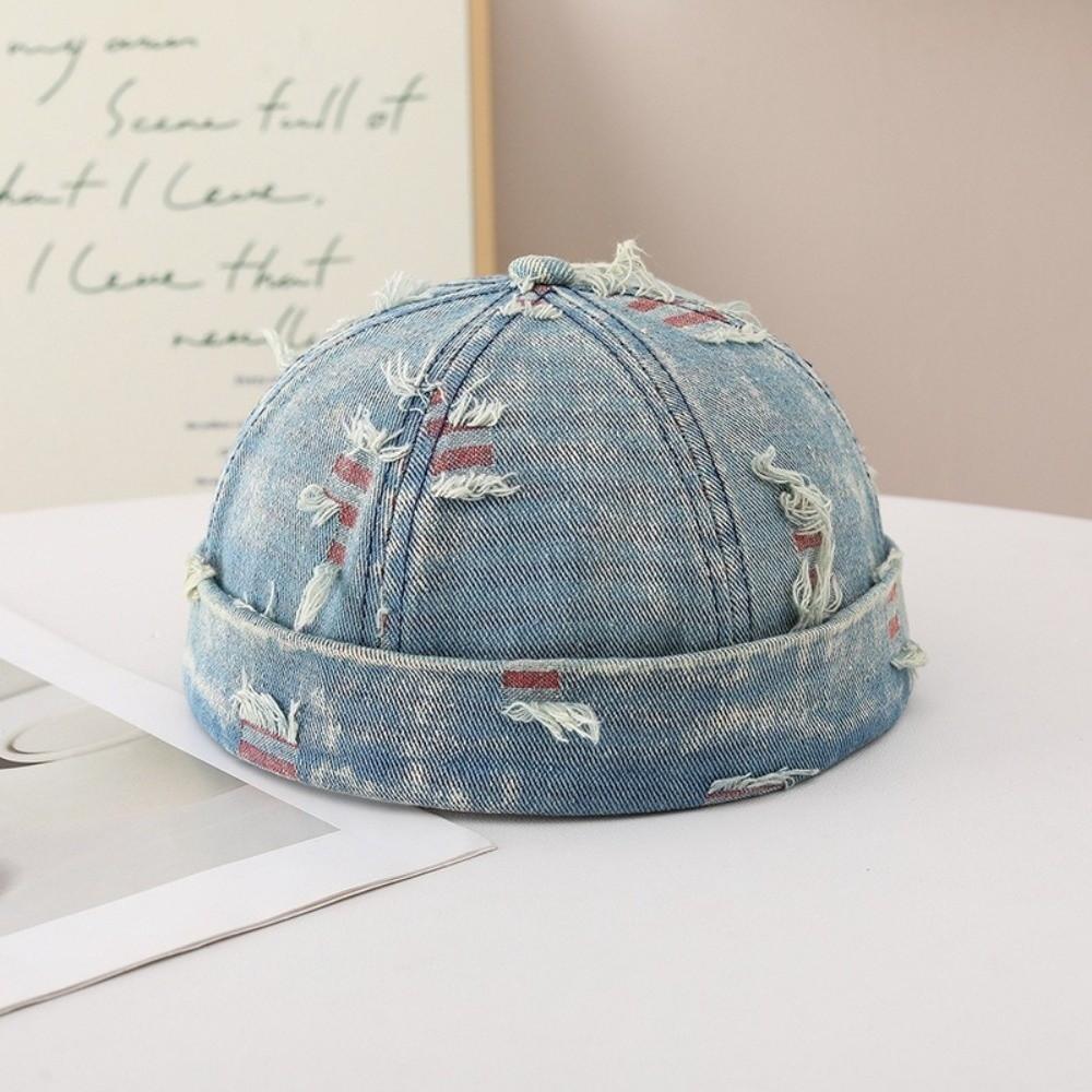 Broken Brimless Beanie Cotton Polyester Blend Brimless Cap Fashion Distressed Denim Hat Men Women