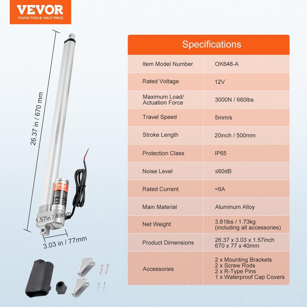 Linear Actuator 12V 20 Inch IP65 Waterproof Actuator 660lbs/3000N 0.19"/s