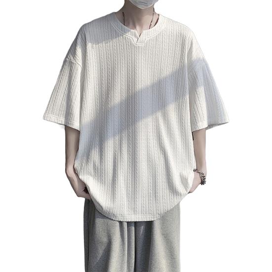 Мужская футболка с V-образным вырезом, коротким рукавом, текстурой с переплетением, однотонная свободная посадка, повседневные топы из ледяного шелка, повседневная одежда