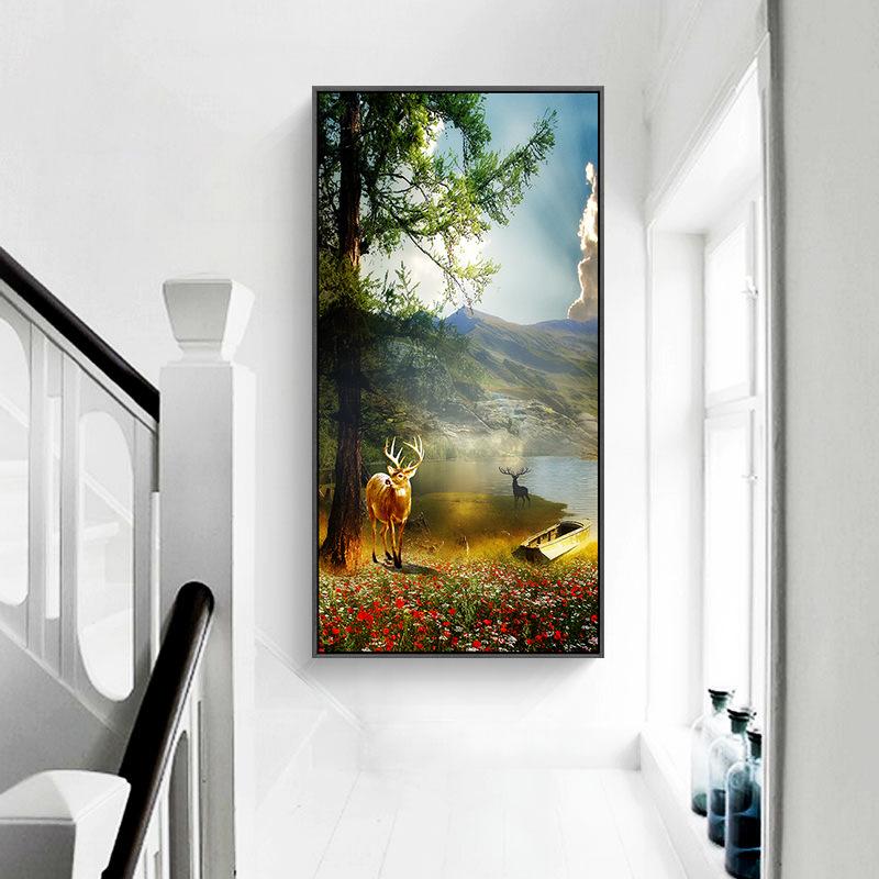 Abstract Forest Flower Canvas Painting Wall Art Deer Golden Road Posters and Prints for Porch Decoration Living Room Home Decor