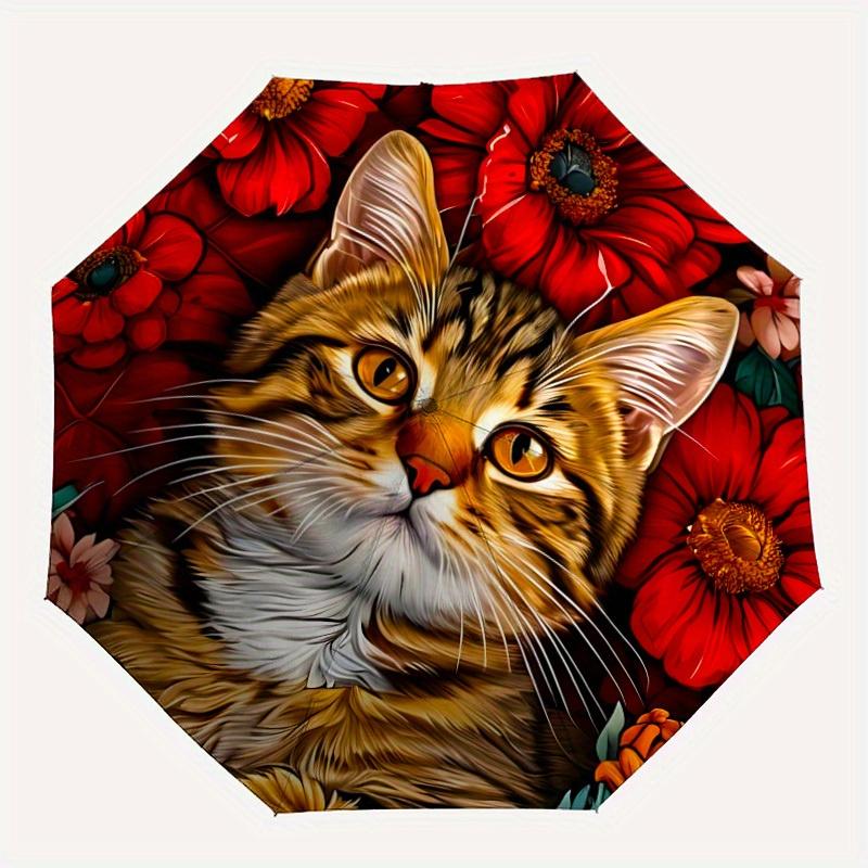 1pc Cat Floral Print Automatic Open/close Folding Umbrella, Compact Portable Travel Umbrella,Durable Construction yy250814175