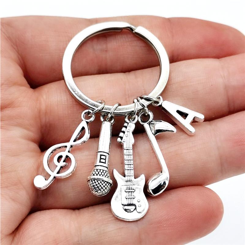 26 Letters Music Keychain Music Note Guitar Pendant Key Chain Microphone Keyring Creative Jewelry Gifts