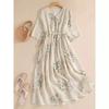 Dress Women Long Print Elegant Clothing Vintage Elastic Waist Casual Beach Style V-Neck Robe Floral Cotton and Linen Dress