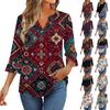 3/4 Sleeve Tops For Women T-Shirt Casual Flared Sleeves Print Tunic V Neck Pullover Blouse