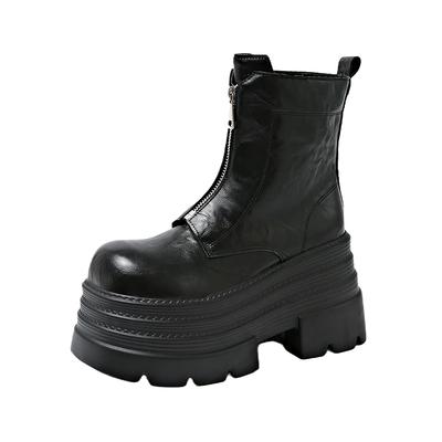 Женские зимние ботильоны 10 см, мотоциклетные ботинки на толстом каблуке, платформа, кожаные кроссовки, женские массивные короткие ботинки-комбаты на молнии