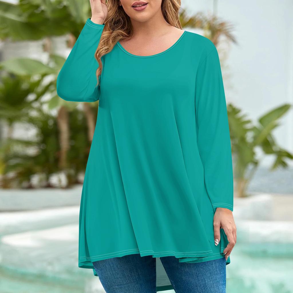 Женская мода большого размера с круглым вырезом и длинным рукавом, повседневный однотонный свободный пуловер