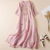 Women's Floral Embroidered Cotton Linen Maxi Dress Summer Crew Neck Half Sleeve Flowy Dress Casual Boho Sundress