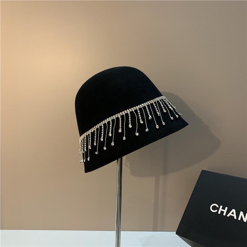 Women's Fashionable Bucket Cap with Diamond Chain Basin Cap Autumn Wool Warm Fisherman Cap