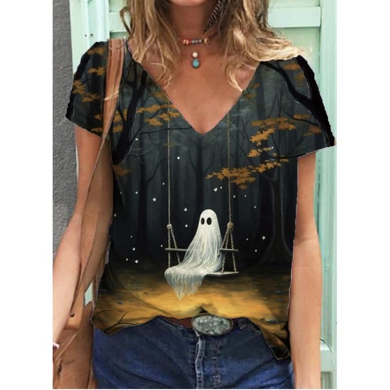 Футболки с принтом «Призрак, кот, Хэллоуин» с 3D-принтом, женская мода, футболка с коротким рукавом и V-образным вырезом, топы Y2k, футболки Harajuku большого размера, женская одежда