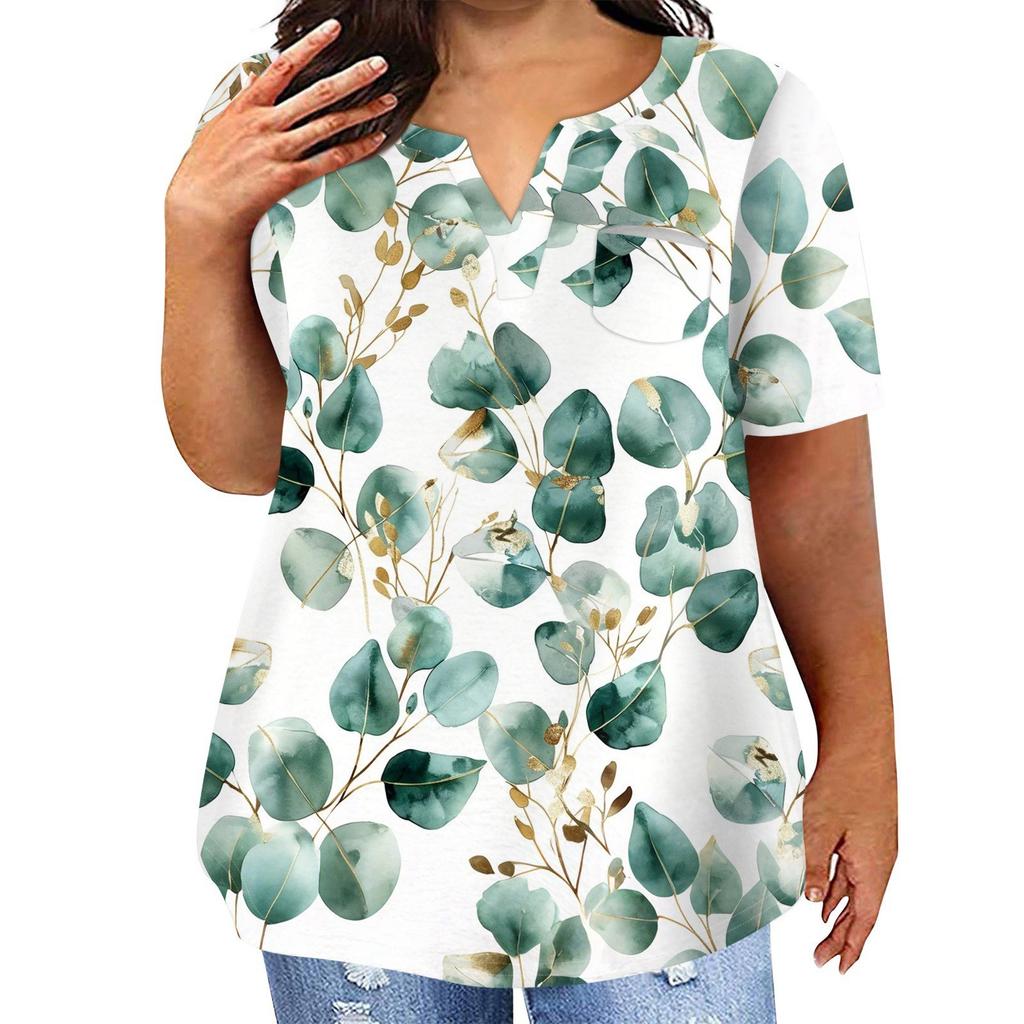 Женская футболка большого размера, повседневный топ с карманами и V-образным вырезом с короткими рукавами