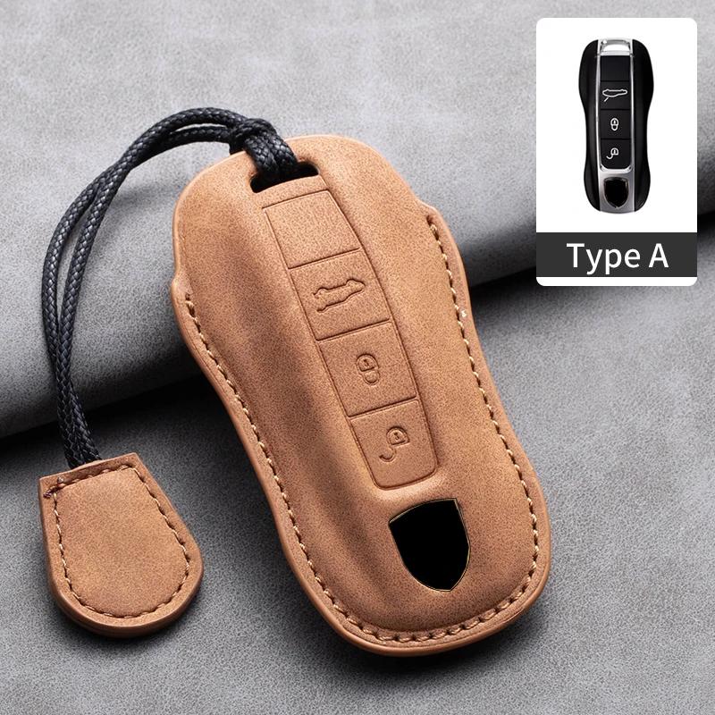 Leather Car Key Case Cover Shell Fob For Porsche Panamera Spyder Carrera Macan Cayman Cayenne 911 970 981 991 Car Keychains