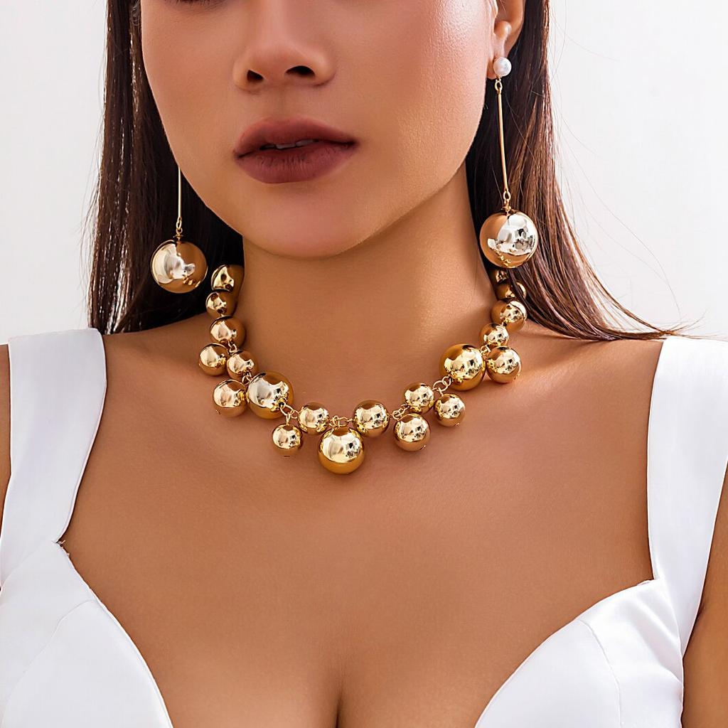 Punk Acrylic CCB Big Ball Bead Chain Necklace Drop Earrings for Women Vintage Chunky Clavicle Chain Grunge Jewelry Set Steampunk