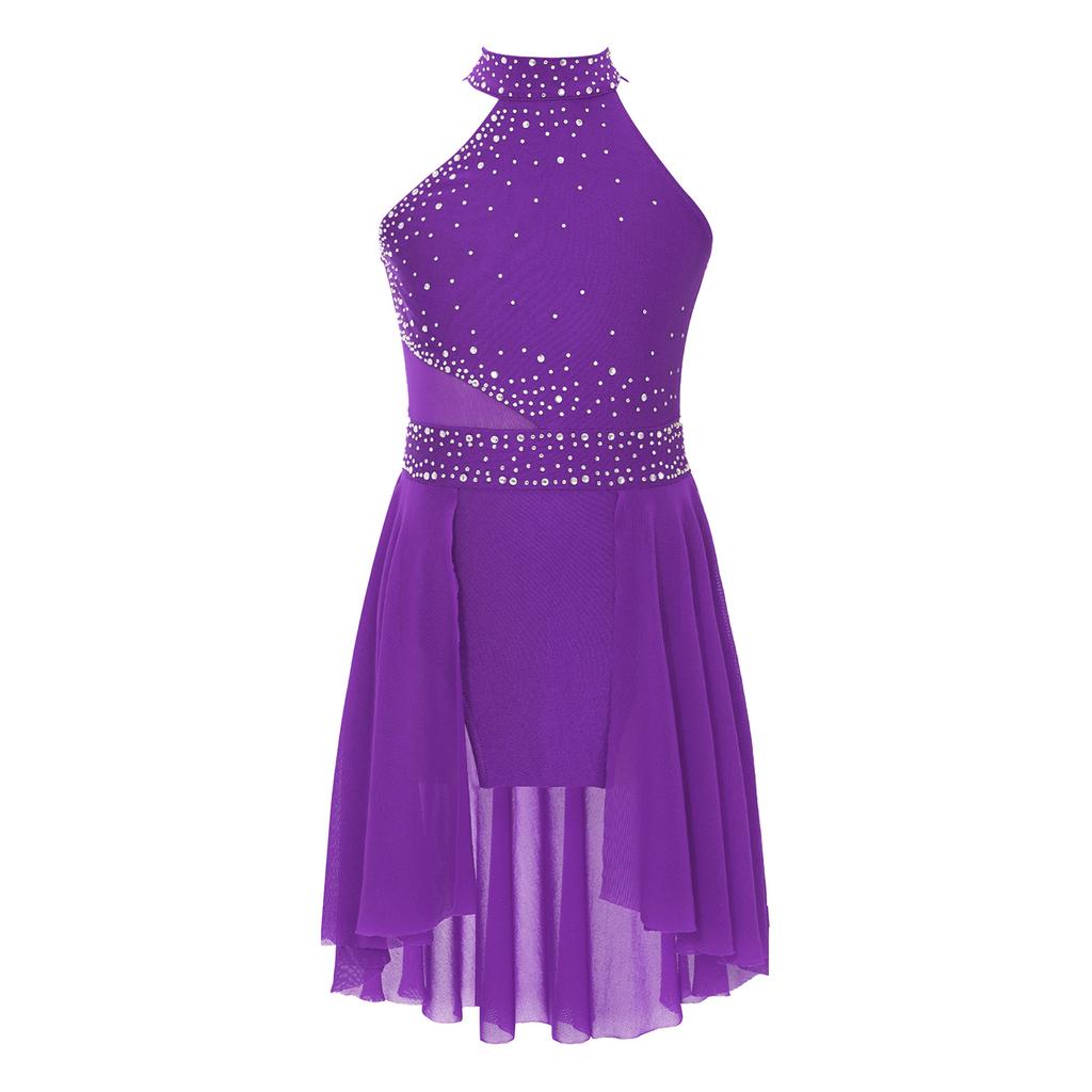 Girls Glittery Lyrical Dance Dress - Rhinestone Decor & Irregular Hem for Stage Performances