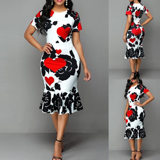 Леди Нижние юбки Плюс Размер Формальное облегающее платье с принтом и оборками Женское платье с коротким рукавом и круглым вырезом для свадьбы