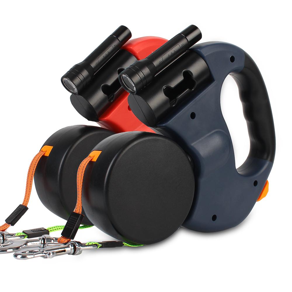 Двусторонняя тяговая веревка, автоматический выдвижной двойной поводок для собак с фонариком, мешок для мусора, коробка для рулетки, ремень для собак, 3 м, товары для домашних животных