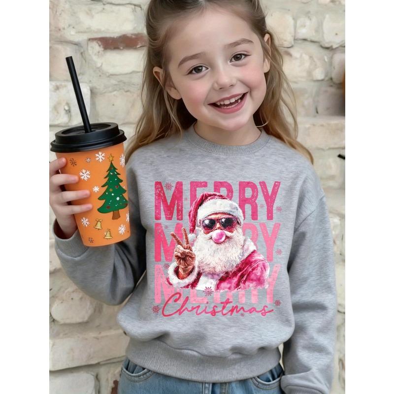 European sizes Black Long Sleeve Sweatshirt for Kids with Merry Merry Merry Christmas Santa Claus Print, Pink and White Text Design