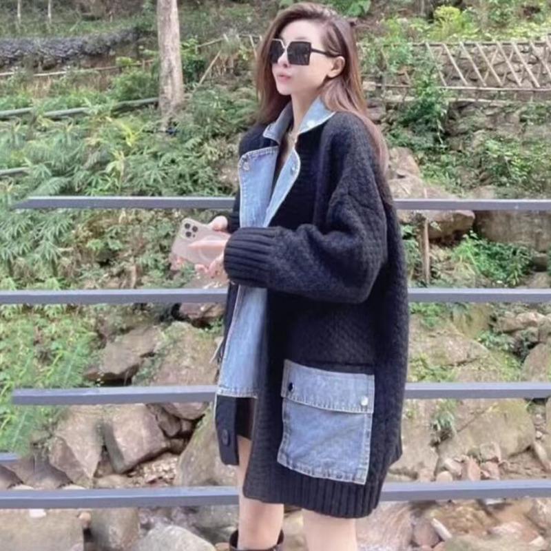 Модный повседневный джинсовый сплайсированный длинный рукав вязаный кардиган свободный толстый женский свитер пальто зима осень