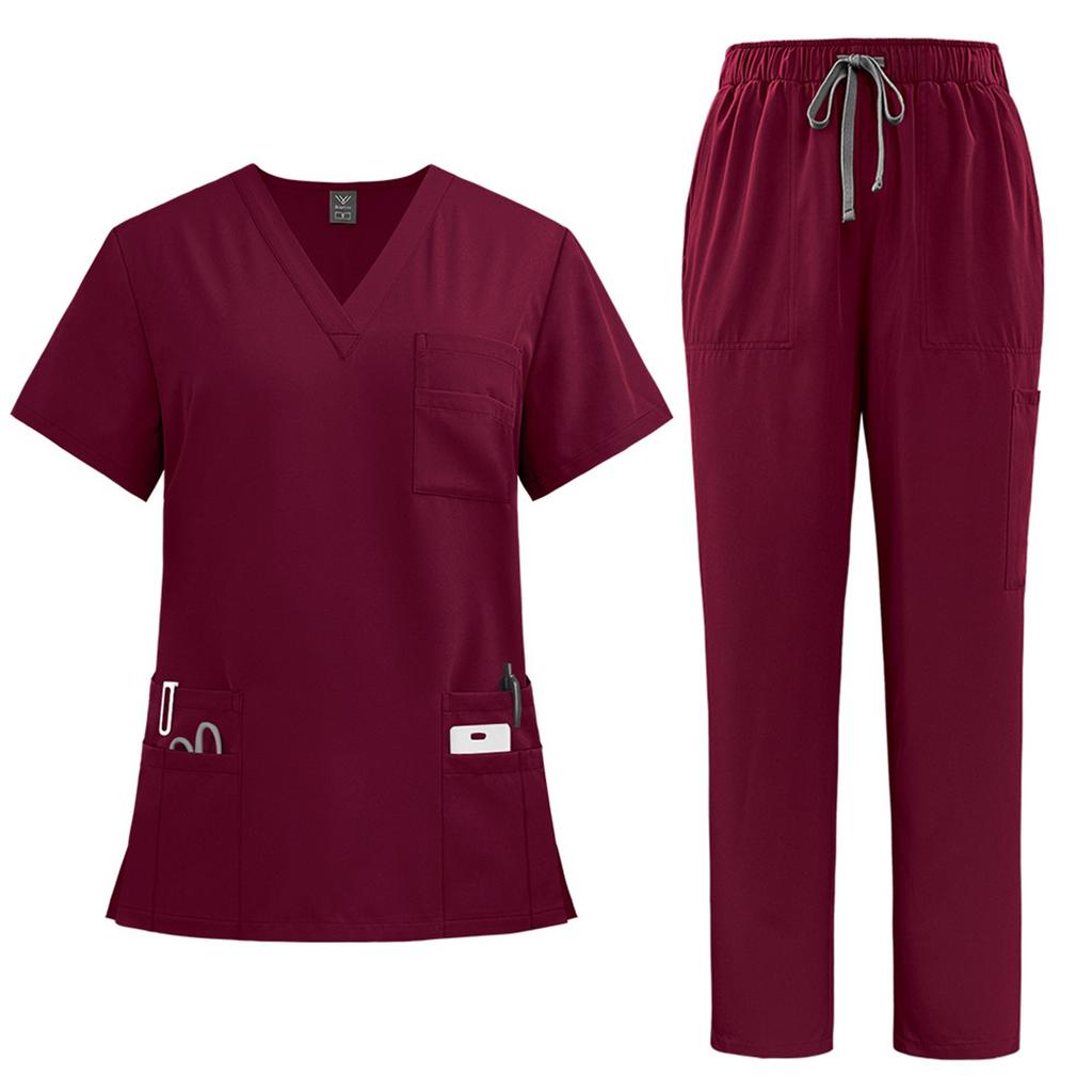 Women's Quick Drying Fabric Solid Color V-neck Pocket Short Sleeved Pants Set Workwear