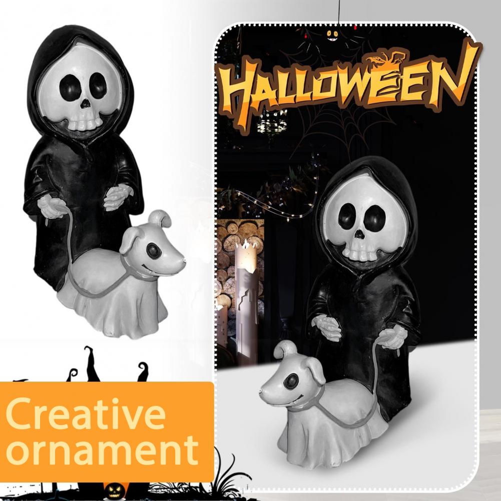 Halloween Ornament Spooky Halloween Decor Grim Reaper Dog Skeleton Statue for Garden Balcony Ornamental Skull for Courtyard