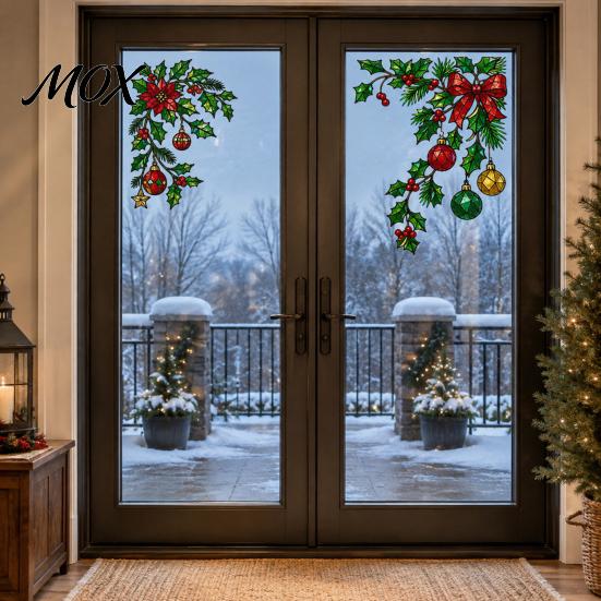Static Window Cling 2Pcs Christmas Clings, Corner Wreath No?Glue Glass Decals with Holly Reusable Sticker Xmas Balls Bow Poinsettia, Stickers