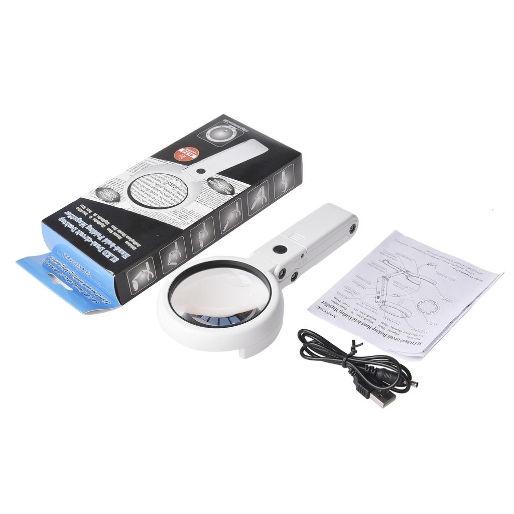 5X/10X Handheld Desk Magnifier with LED Light and Stand USB Powered Illuminated Magnifying Glass