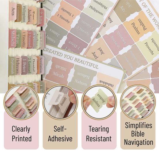 5 Sheets Bible Index Label Stickers Different Colors Self-adhesive Anti-slip Clear Print Boho Color Durable Bible Book Tabs