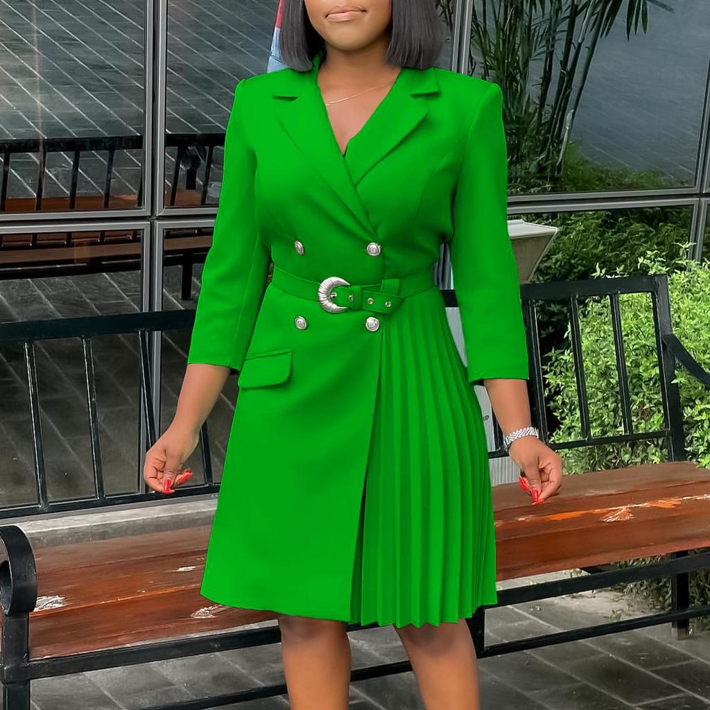 High Waist Slimming Pleated Mid-Length Suit Dress D3284