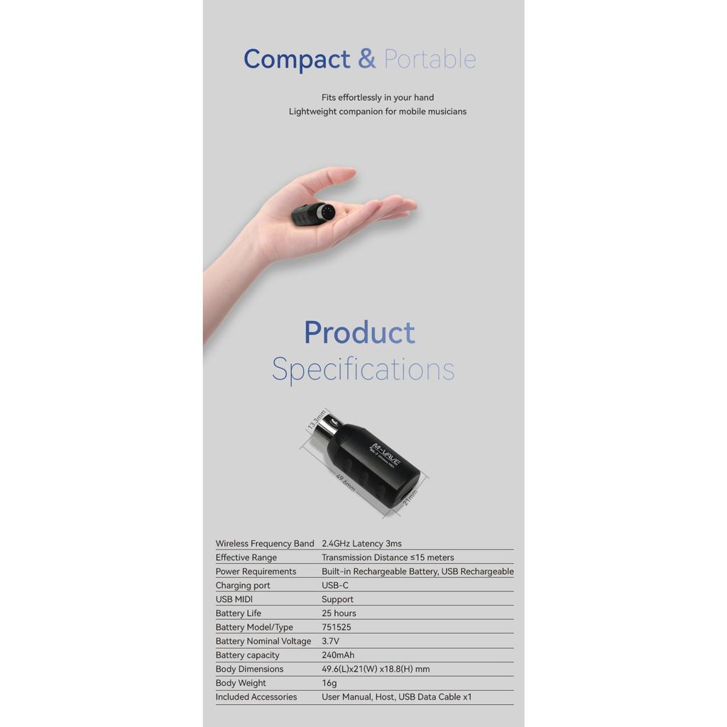 SK7 2.4Ghz Wireless MIDI Adapter|Low Latency|Plug & Play|≤15 Meters Transmission| 25-Hour Battery Life|USB-C Recharge