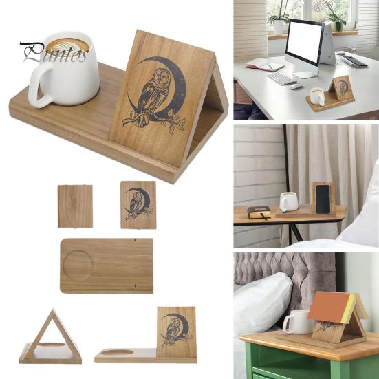 Wooden Bookshelf Organizer with Phone Holder Natural Wood Triangle Book Stand Desk Valet with Cup Holder Picture Frame