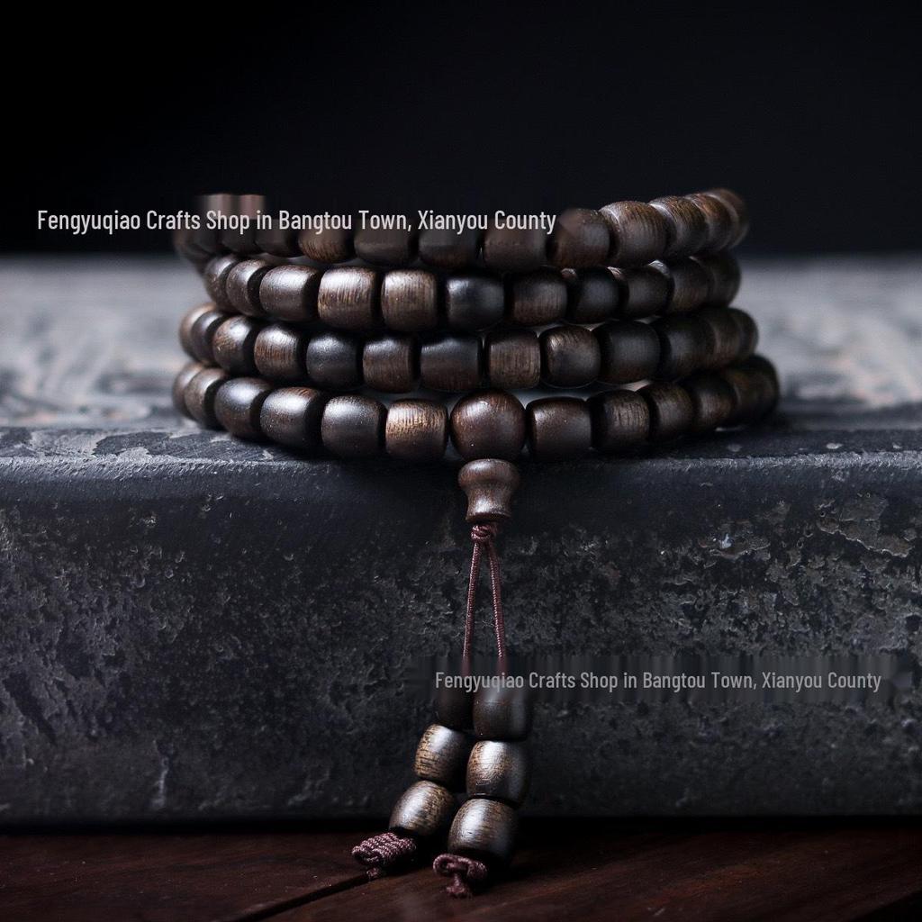 Agarwood Black Qinan High Oil Sinking Bracelet: 108 Bead Buddhist Rosary with Round and Barrel Beads, High-Quality Woody Hand Jewelry.