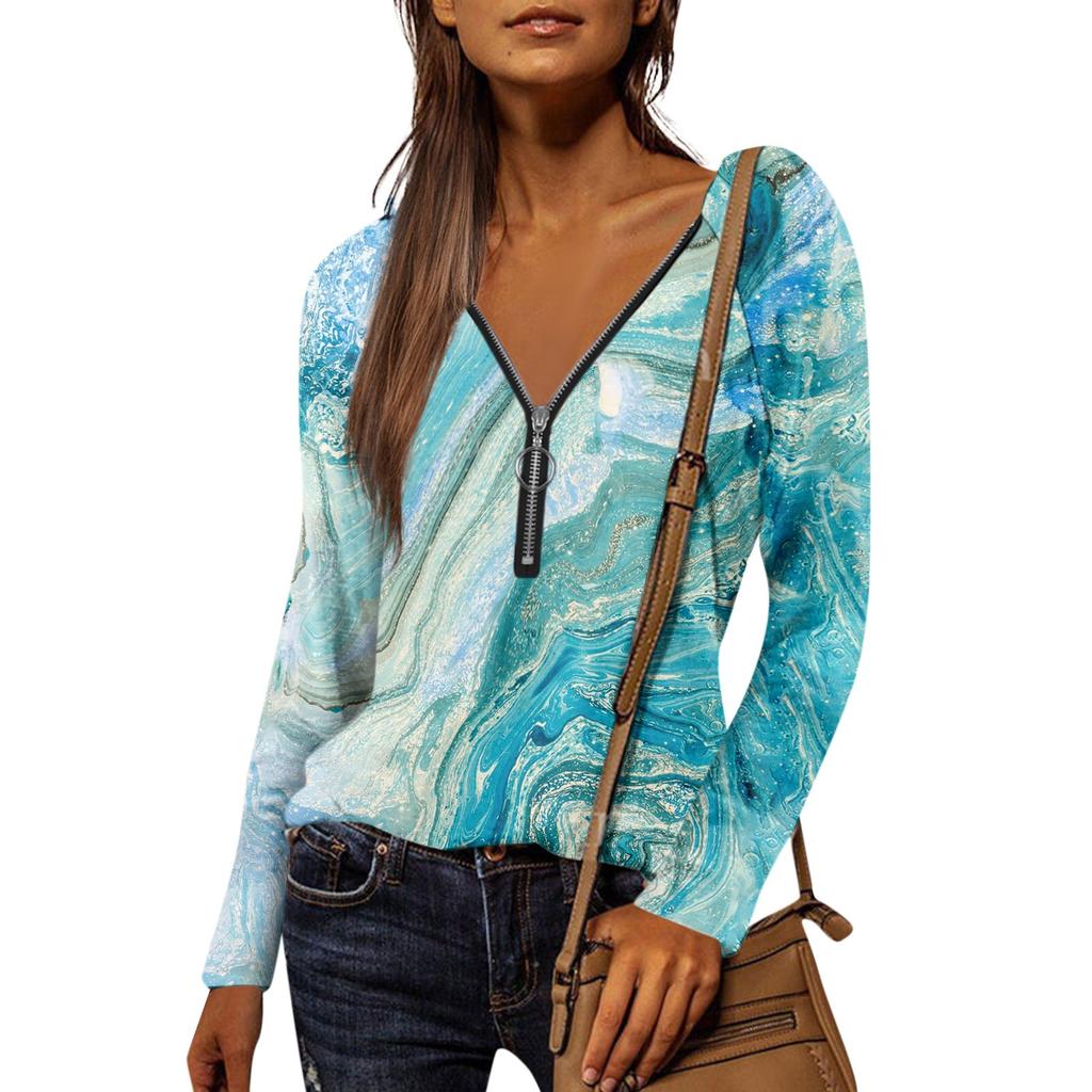 Женская рубашка, блузка, повседневные свободные рубашки, футболки с длинными рукавами и застежкой-молнией с v-образным вырезом и принтом, футболки, пуловеры, топы